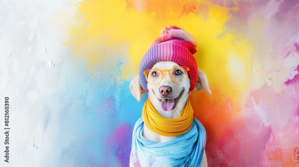 Dog wearing colorful hat scarf funny expression on its face Dog wearing colorful hat scarf funny expression on its face