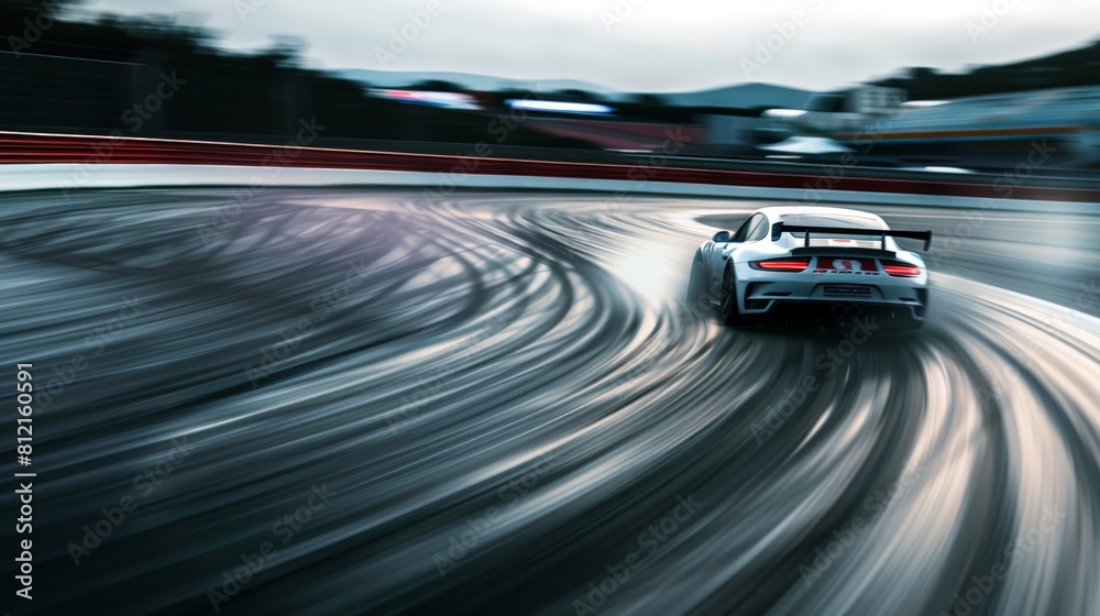 A car drifting around a corner on a racetrack with blurred motion