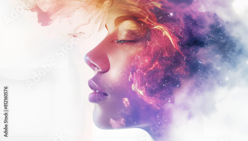 Double exposure portrait of young woman close eye face with galaxy space inside head