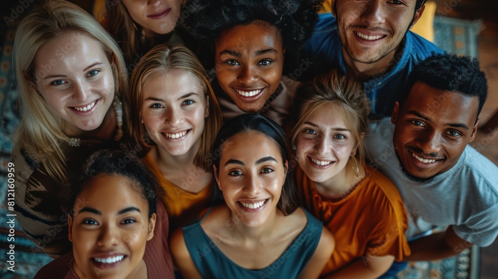 Joyful Diversity: Multi-Generational and Multi-Cultural Group of Smiling Faces Looking Up in High Angle Indoor Shot Joyful Diversity: Multi-Generational and Multi-Cultural Group of Smiling Faces Looking Up in High Angle Indoor Shot