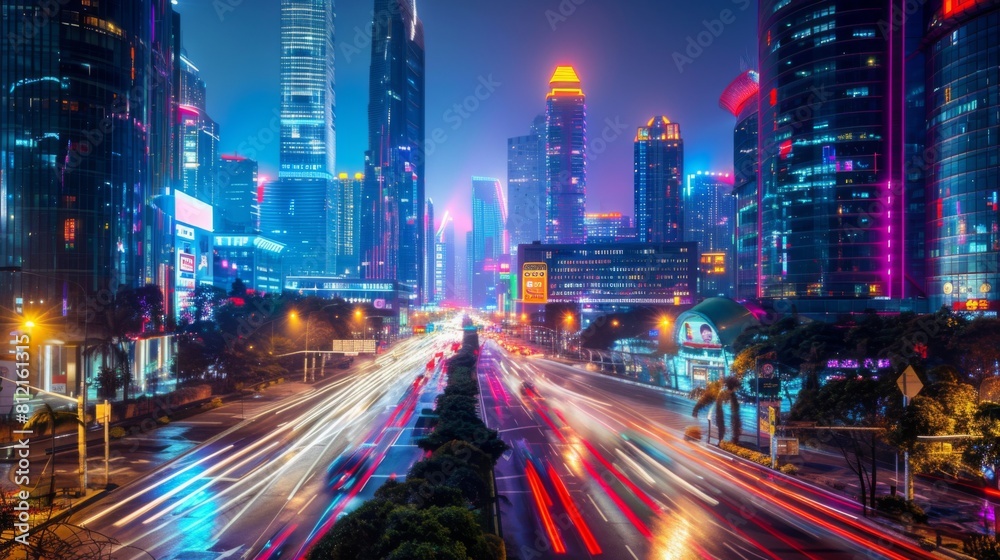 Shenzhen city buildings at night and blurred car lights