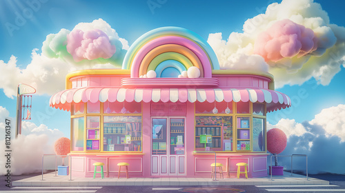 A whimsical digital illustration of a candy store with a rainbow awning and pink cotton candy clouds.