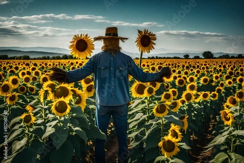 Statue of person in clothes in a field of sunflowers.
