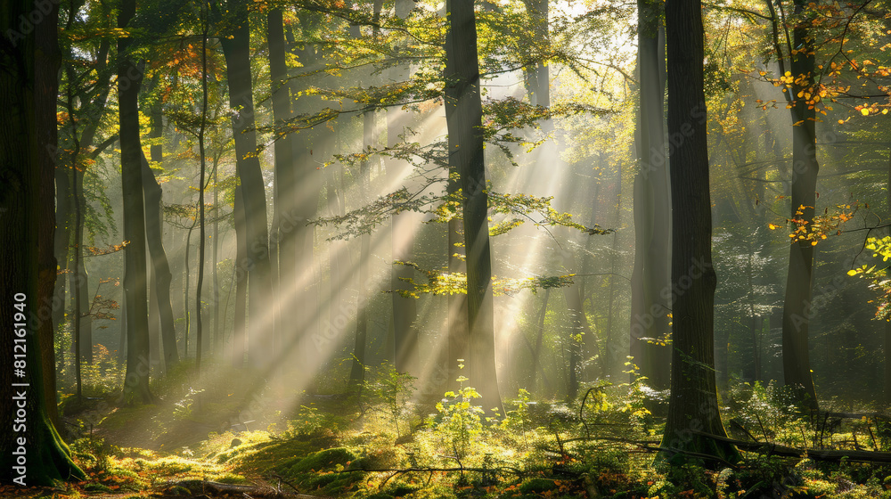 Obraz premium Beautiful rays of sunlight in a green forest in autumn. Generative AI