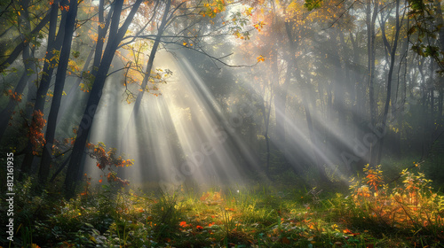 Beautiful rays of sunlight in a green forest in autumn. Generative AI