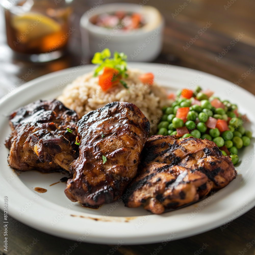 Plate of Jerk Chicken with a Side of Rice and Peas: Traditional Caribbean Cuisine. A Classic Dish Featuring Spicy Marinated Chicken Paired with Flavorful Rice, Ideal for Cultural Dining Experiences.