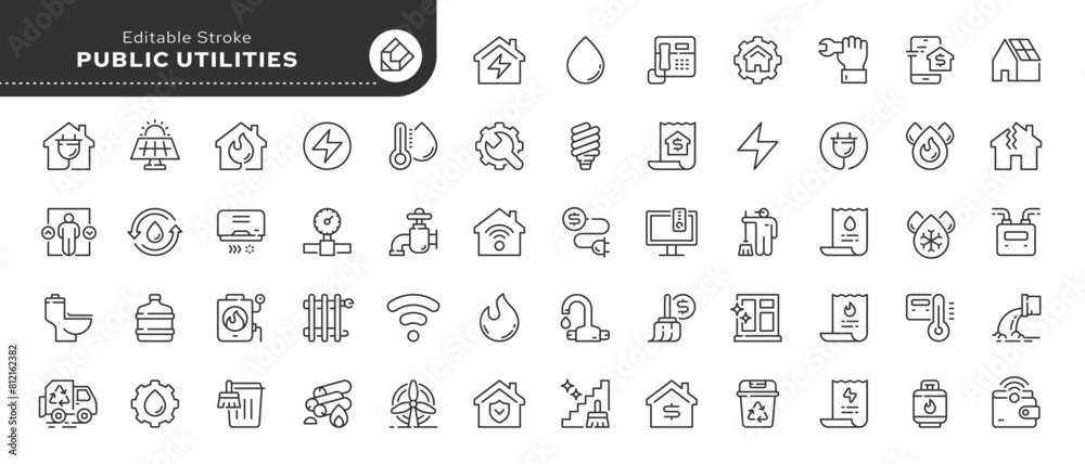 Public utilities, service. Set of line icons in linear style. Electricity, water supply, gas supply, drainage, garbage removal, major repairs, heating, cold, hot water. Outline conceptual pictogram