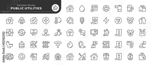 Public utilities, service. Set of line icons in linear style. Electricity, water supply, gas supply, drainage, garbage removal, major repairs, heating, cold, hot water. Outline conceptual pictogram