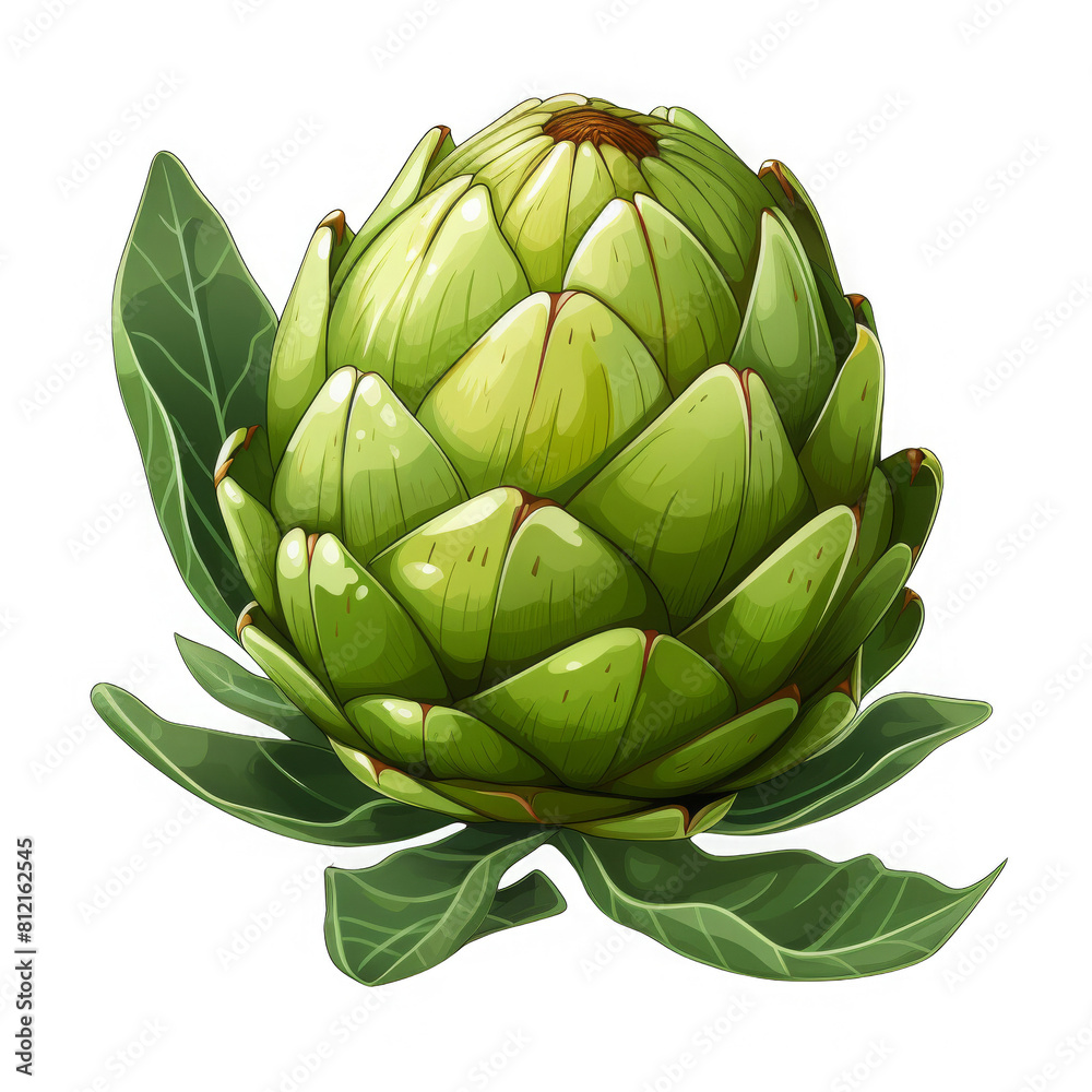 Fototapeta premium Green artichoke vegetable with leaves isolated on transparent background