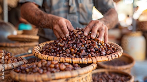 Dried Dates Harvesting at Local Market: Close-Up of Hands Picking