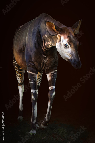 Majestic Okapi Illuminated in Dark Habitat  Close-Up View