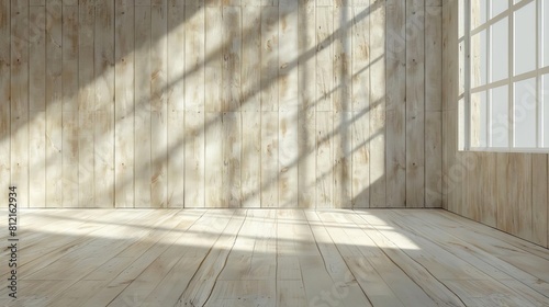 abstract beige wooden studio background with window shadows empty 3d room for product presentation copy space