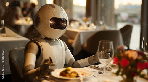 The robot sits at a table in a restaurant