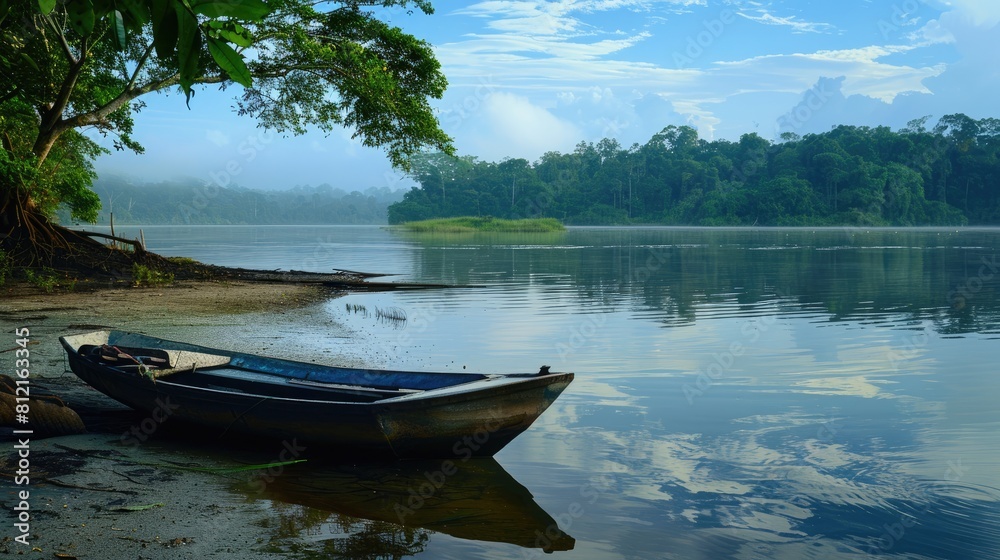 Tranquil Amazon River Landscape with Boat on Shore | Serene Rainforest Scene for Travel and Ecotourism Marketing Tranquil Amazon River Landscape with Boat on Shore | Serene Rainforest Scene for Travel and Ecotourism Marketing