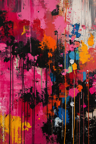 Colorful abstract painting. Pink, white, yellow, red, blue and black colors. © VRAYVENUS