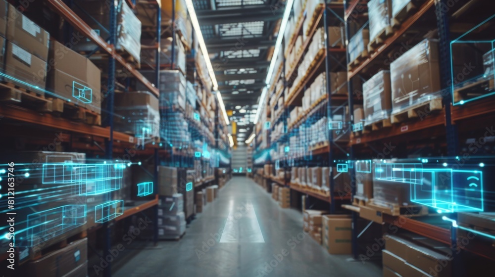 Smart warehouse management system with innovative internet of things technology to identify package picking and delivery . Future concept of supply chain and logistic network business .