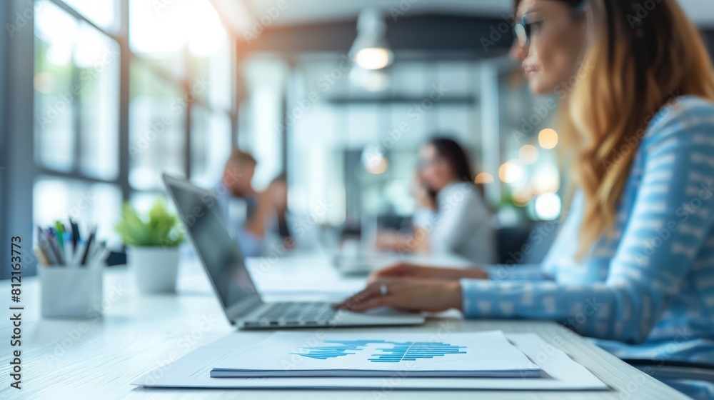 Conference Room Strategy: Business People Discussing Work and Planning on Laptop at Meeting Table Conference Room Strategy: Business People Discussing Work and Planning on Laptop at Meeting Table
