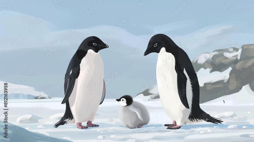 Obraz premium adelie penguin parents greeting newborn chick emerging from egg antarctica wildlife 8k ai illustration