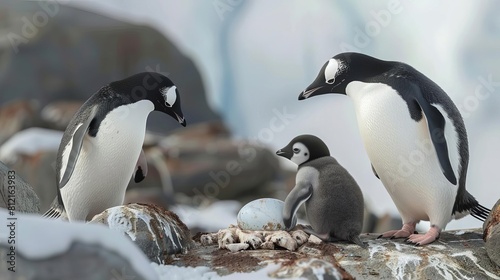 adelie penguin parents greeting newborn chick emerging from egg antarctica wildlife 8k ai illustration