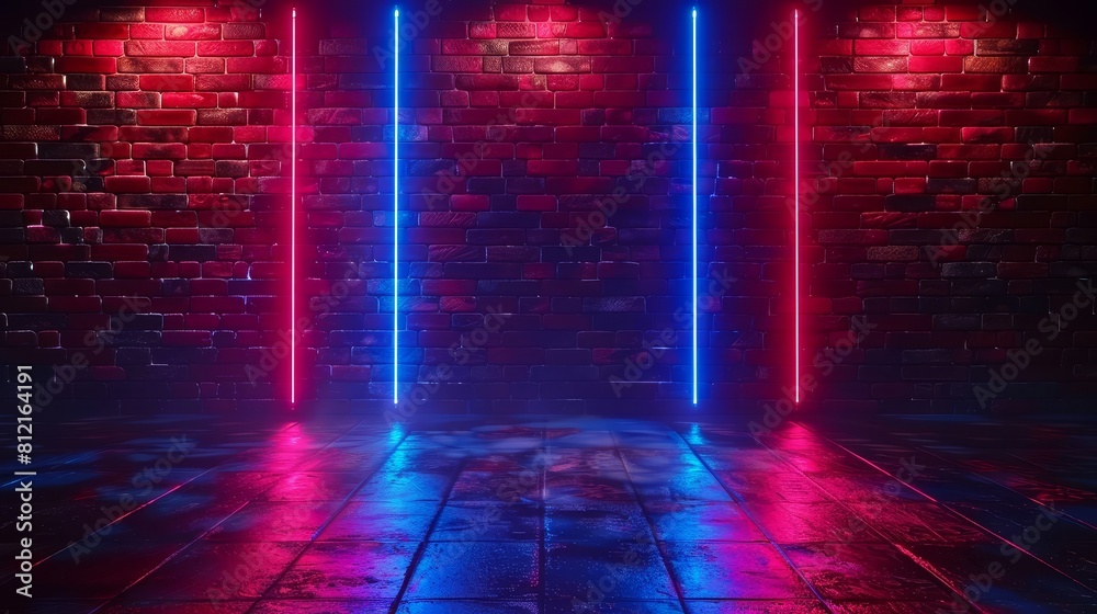 Naklejka premium Red and blue neon light on brick wall background, stage or concert scene with spotlight and copy space for design