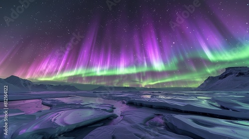 purple aurora borealis, over an icy tundra with mountains in the background, photorealistic, purple and green colors