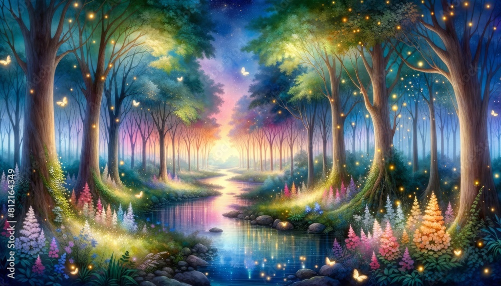An enchanted forest at twilight