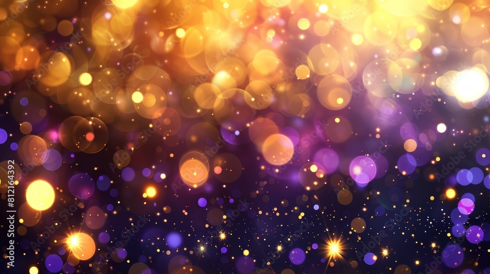 A background of golden and purple lights with bokeh effect, creating an enchanting atmosphere for festive or celebration themes