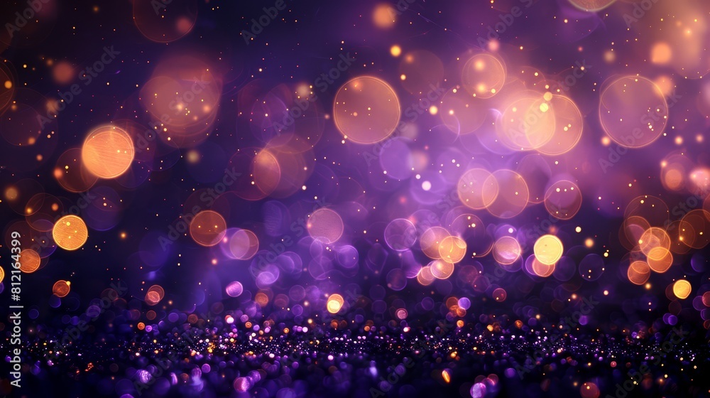 A background of purple and gold lights with bokeh effects The background is dark A background of purple and gold lights with bokeh effects The background is dark