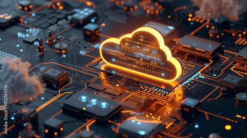 3d rendering of cloud computing concept with multiple devices and digital data interface glowing on dark background photo
