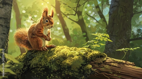 adorable squirrel perched on mossy log enchanted forest childrens book illustration © Bijac