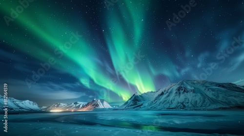A breathtaking view of the Northern Lights dancing above snowcovered mountains © tanapat