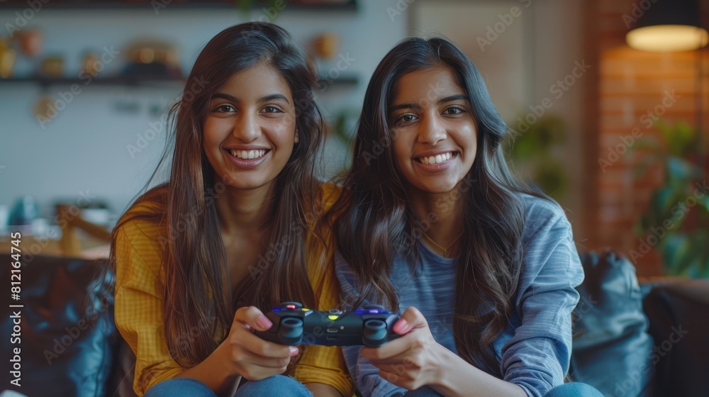 Indian Women Friends Enjoying Video Games at Home: Excited Girls Using Joystick in Living Room in Front of TV