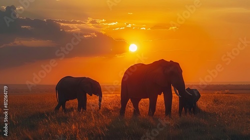 adult and juvenile african elephants grazing in maasai mara grasslands at sunset wildlife photography © Bijac