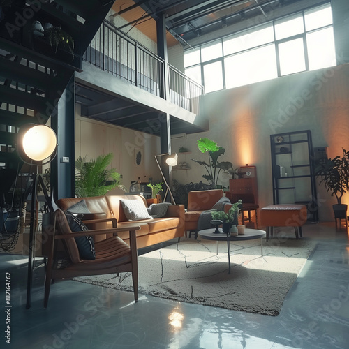 An artistically lit loft living room with a mezzanine, featuring modern leather furniture, stylish floor lamps, indoor plants, and a blend of warm natural and ambient lighting that highlights the indu photo