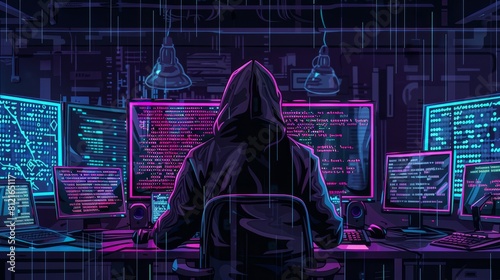 A hacker in the hood sits at his computer