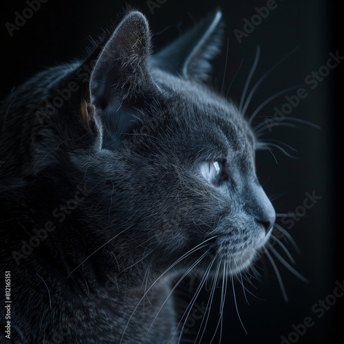 Majestic portrait of a grey Russian Blue cat , highlighting its sleek fur and attentive expression