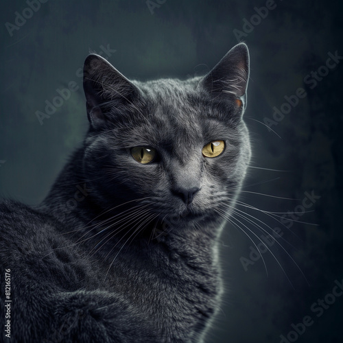 Majestic portrait of a grey Russian Blue cat , highlighting its sleek fur and attentive expression