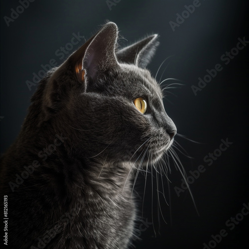 Majestic portrait of a grey Russian Blue cat with striking yellow eyes, looking to the side against a dark background, highlighting its sleek fur and attentive expression.