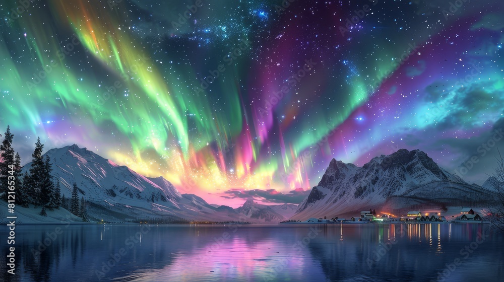 A panoramic view of the Northern Lights over snowcovered mountains