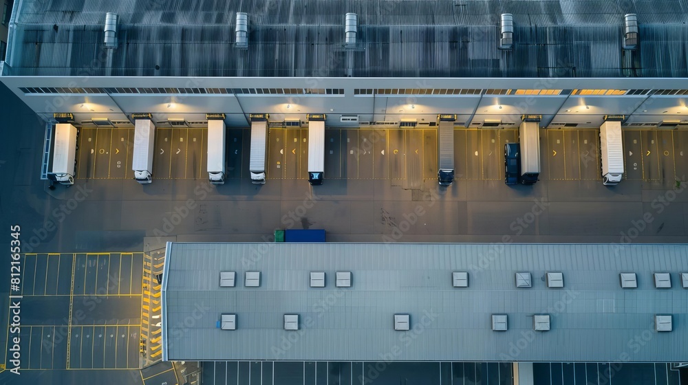 aerial view of modern industrial warehouses with truck trailers logistics and distribution concept drone photography
