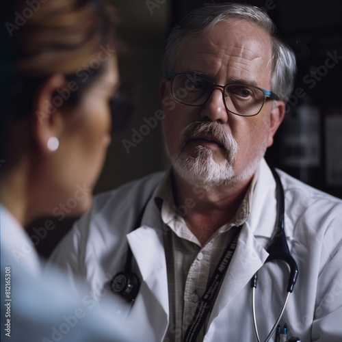 Confident middle-aged male doctor with glasses, mustache, and wearing a white lab coat, seriously discussing with a partially visible female colleague in a dimly lit office.
