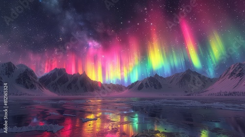 A panoramic view of the Northern Lights over snowcovered mountains