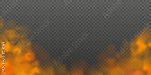 Fog or smoke isolated transparent special effect. Orange vector background of cloud, fog or smog. Vector illustration. Halloween background