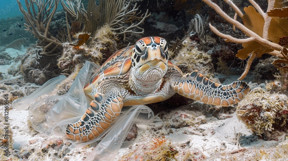 Fototapeta premium Trapped in Plastic: Sea Turtle Struggles After Entanglement (Marine Plastic Threat)
