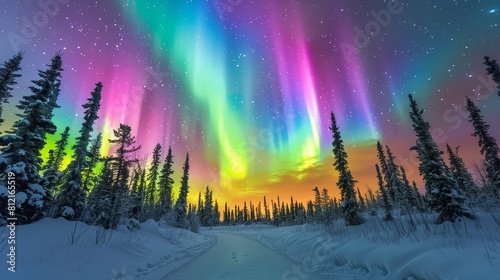 A stunning view of the vibrant aurora borealis dancing above snowcovered forests