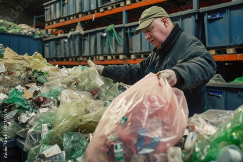 Caucasian senior man, working at the warehouse of recycling center Caucasian male worker, throwing the plastic bag with recycling material at dumpster at the warehouse of recycling center