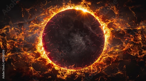 Black background, solar eclipse, flames on the edges of the sun The light is reflected in all directions In front of it theres an object that looks like planet earth photo