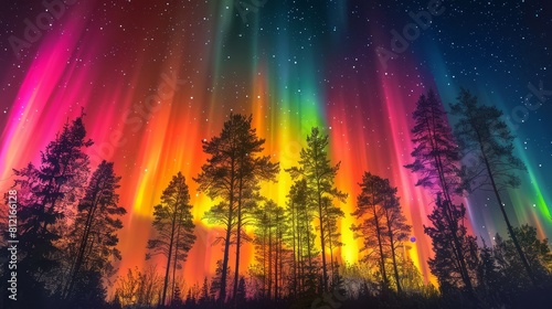 aurora borealis in the sky, vibrant colors, trees with lights, fantasy art style, colorful