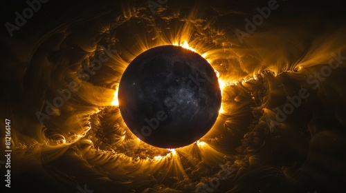 Black background, solar eclipse, flames on the edges of the sun The light is reflected in all directions In front of it theres an object that looks like planet earth photo
