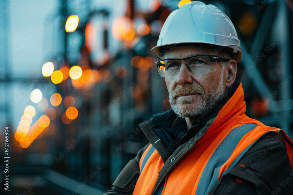 A seasoned safety supervisor in high-visibility vest and white hard hat stands confidently at an industrial plant during evening hours. A seasoned safety supervisor in high-visibility vest and white hard hat stands confidently at an industrial plant during evening hours.